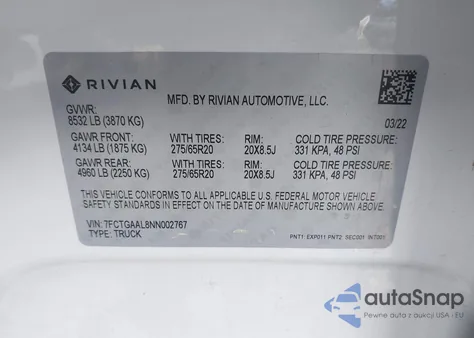 2022 Rivian R1T Launch Edition z USA, uszkodzony, nr VIN 7FCTGAAL8NN002767